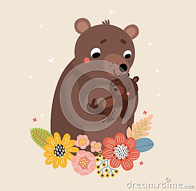 Mom and baby. Mother`s love. Cute bears Vector Illustration